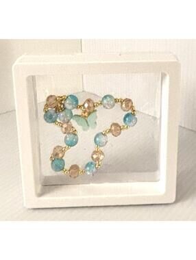 Blue & Gold Beaded Stretch Bracelet with Butterfly Charm in 3D Display Case